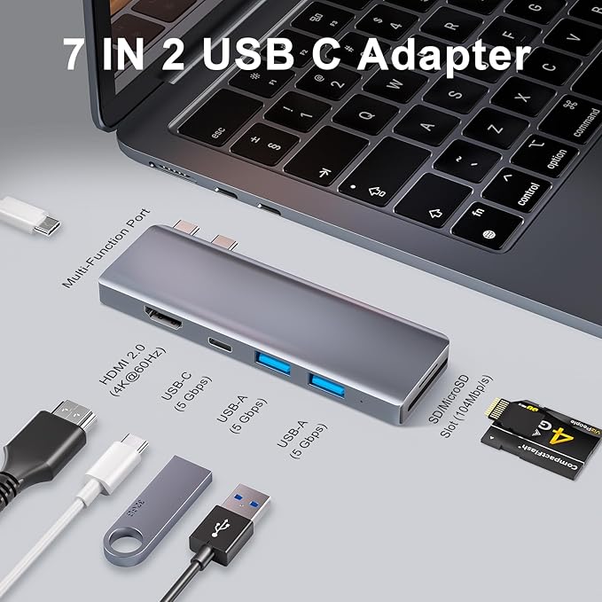 USB C Hub, USB C Adapter, 7 in 2 USB-C Hub for MacBook with Thunderbolt 4, 4K HDMI, Type C, 2 USB A, SD/TF Card Reader, Compatible with MacBook Pro 2016-2024, MacBook Air 2018-2025 (Silver)