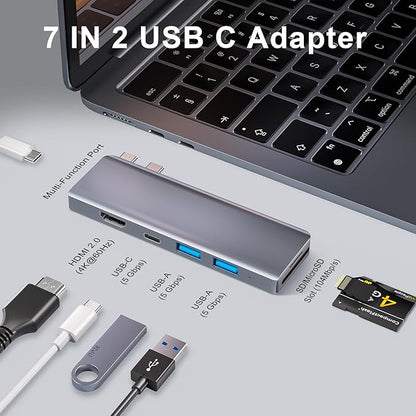 USB C Hub, USB C Adapter, 7 in 2 USB-C Hub for MacBook with Thunderbolt 4, 4K HDMI, Type C, 2 USB A, SD/TF Card Reader, Compatible with MacBook Pro 2016-2024, MacBook Air 2018-2025 (Spacegray)