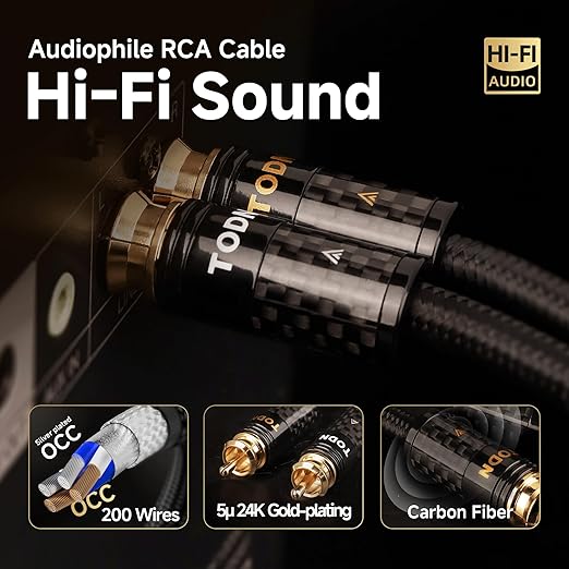 TODN RCA Cables Audiophile Male to Male HiFi RCA Stereo Audio Cable for Car, Home Systems (10 ft/3m, 1 Pair)