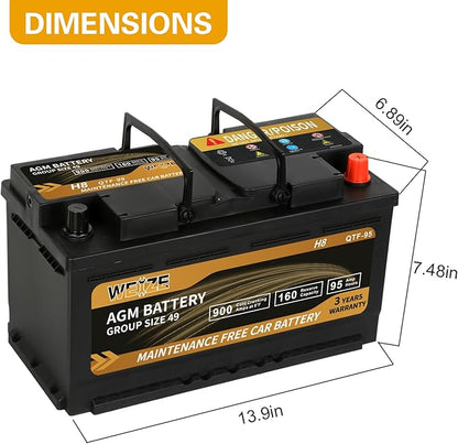 Weize Platinum AGM Battery BCI Group 49-12v 95ah H8 Size 49 Automotive Battery, 160RC, 900CCA, 36 Months Warranty, Dimensions 13.9" L x 6.89" W x 7.48" H