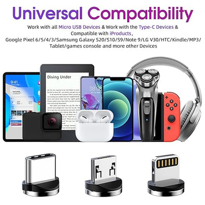 Magnetic Charging Cable 540° Rotating Magnetic Phone Charger [6-Pack, 3ft/3ft/3ft/6ft/6ft/10ft] 3 in 1 Magnetic Charger Cable Nylon Braided Magnetic USB Cable for i-P/Micro USB/Type C Device-Purple