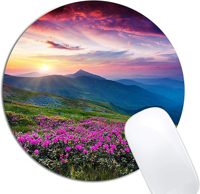 Nature Purple Flowers Meadow Mountain Scenic Mouse Pad Round Non-Slip Rubber Mousepad Laptop Office Computer Decor Cute Desk Accessories Customized Design Mouse Pad