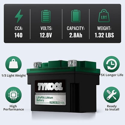TYKOOL YTX4L-BS YTZ5S Lithium LiFePO4 Motorcycle Battery,2X Cranking Amps 140A,5X Longer Life,Fits for Scooter and Moped, Go kart, ATV,Dirt bikes,4 wheeler, hongda Grom,Snapper walk behind lawn mower