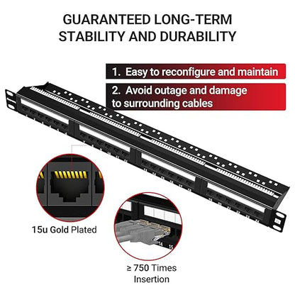 AMPCOM Premium Series CAT6 24 Ports Patch Panel, Rack Mount - 1U, 19 inch, RJ45 Ethernet 568A 568B, 15u Gold Plated, with Rear Cable Support Bar
