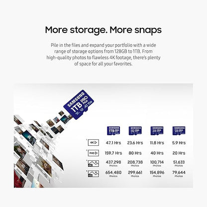 Samsung PRO Plus microSD Memory Card + Adapter, 1TB MicroSDXC, Up to 180 MB/s, Full HD & 4K UHD, UHS-I, C10, U3, V30, A2 for Android Phones, Tablets, GoPRO, DJI Drone, MB-MD1T0SA/AM, 2024