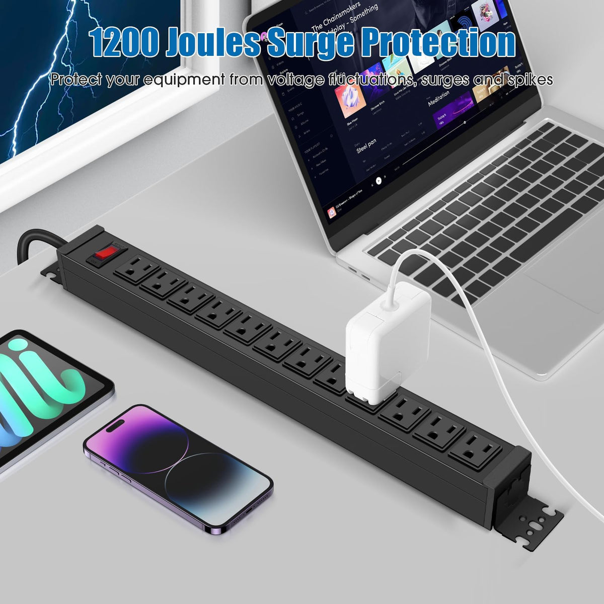 HHSOET Rotating 12 Outlet Surge Protector Power Strip, 1200J, 3FT, Black, 1