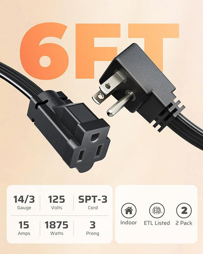 DEWENWILS 6FT Flat Plug Extension Cord with 3-Prong Flat Plug, 15A/1875W 14/3 SPT-3 Flat Wire, Space Saving for Home Office Appliances & Electronics, ETL Listed, 2 Pack, Black