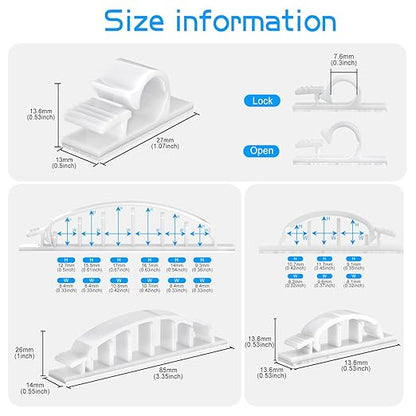 XHF 30pcs Adhesive Cable Wire Clips Kit White, Outdoor Cable Management Wire Organizer Cord Holder for Under Desk, Car, Wall, TV PC Ethernet Cable