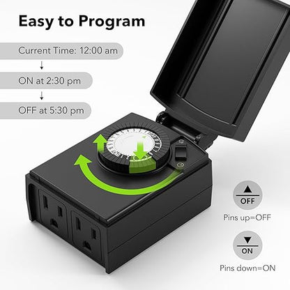 BN-LINK 24 Hour Heavy Duty Mechanical Timer, Outdoor Timer Outlet Waterproof with 30 Minutes Intervals, 2 Grounded Outlets for Christmas Lights Pool Pump,15A 1/2HP, ETL Listed