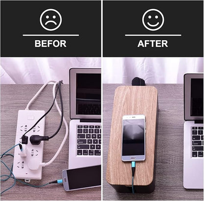 3 Pack Cable Management Box with 18 PCS Cable Management Set - Large & Medium & Small Wooden Grain Cable Organizer Box to Hide Wires & Power Strips | TV Cord Organizer Box | for Home & Office(Black)