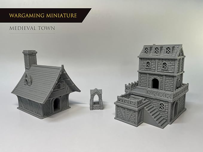 Medieval Miniature Building Terrain Set Compatible with Tabletop RPG War Games, Dioramas Building Set, Paintable, Gift for Tabletop Hobby Enthusiasts by HAUTICO (18mm Scale)