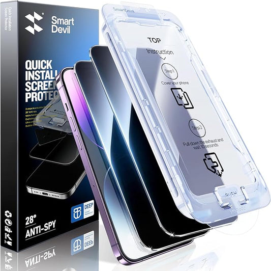 SMARTDEVIL 2 Pack Privacy Screen Protector for iPhone 14 Pro, 28° Anti-Spy 9H Tempered Glass, Impact & Scratch Resistant, Auto Dust & Bubble-Free Install Frame, Easy to Install, Case-Friendly