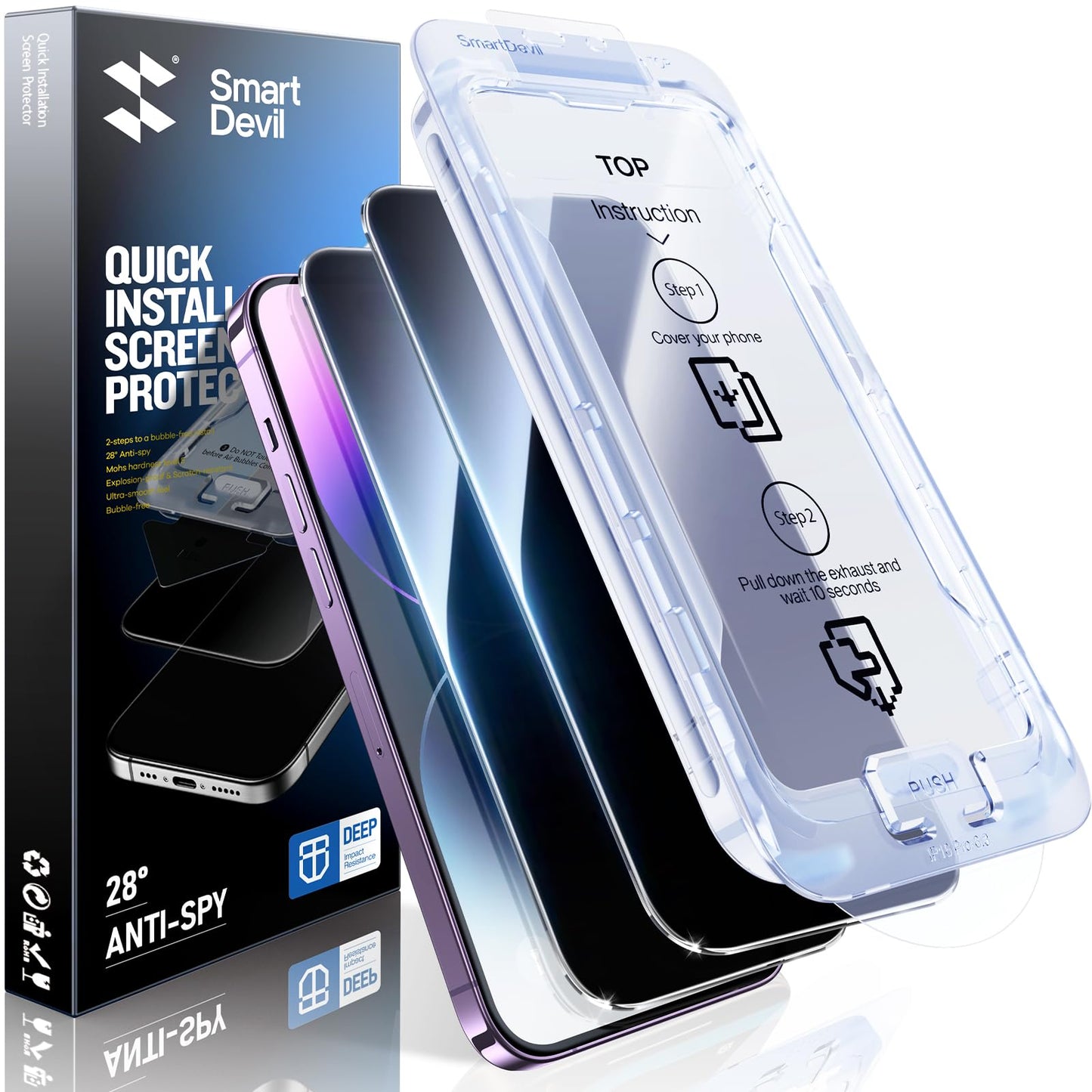 SMARTDEVIL 2 Pack Privacy Screen Protector for iPhone 14 Pro, 28° Anti-Spy 9H Tempered Glass, Impact & Scratch Resistant, Auto Dust & Bubble-Free Install Frame, Easy to Install, Case-Friendly