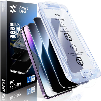 SMARTDEVIL 2 Pack Privacy Screen Protector for iPhone 14 Pro, 28° Anti-Spy 9H Tempered Glass, Impact & Scratch Resistant, Auto Dust & Bubble-Free Install Frame, Easy to Install, Case-Friendly