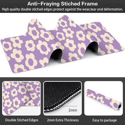 Purple Groovy Flowers Desk Mat,Large Vintage Floral Gaming Keyboard Mouse Pad,Non-Slip Rubber Base Desk Pad Thick Stitched Edges Waterproof Mousepad Mouse Mat 31.5"x11.8"