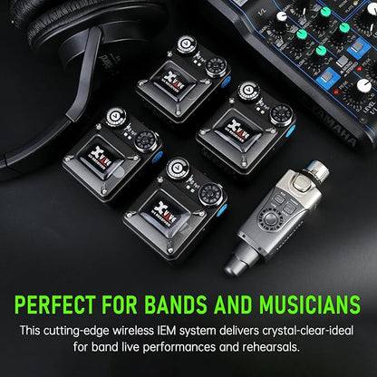 Xvive U4R4 Wireless in-Ear Monitor System Professional IEM System,1 Transmitter and 4 Beltpack Receiver for Studio, Band Rehearsal,Live Performance(U4R4)