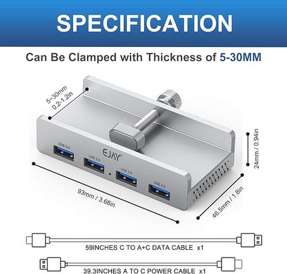 USB HUB3.0,Clamp USB HUB,Aluminum 4-Port USB Adapter with Extra Power Supply Port and 2pcs Long Cable(59inches Data & 39inches Power Cables) for iMac,Laptop,MacBook Pro,Dell,Xbox,HDD/U Disk etc