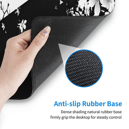 Japanese Life Death Keyboard Mat, Black White Japanese Anime Gaming Mouse Pad for Desk with Anti-Slip Rubber Base and Stitched Edges, Japanese Sakura Pagoda Sun Mouse Pad