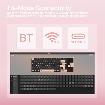KEEBMONKEY WOBKEY Rainy 75 CNC Aluminum HMX/JWK/Cocoa Switches Triple-Mode Connectivity Mechanical Keyboard with Superior Acoustics, RGB/FR4/Silver SUS304/7000mAh/Cocoa Switch (Pro - Pink)