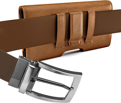PiTau Holster for Large iPhone Plus, Pro Max Models 16 15 14 13 12 11 Xs Max – Cell Phone Belt Holder Clip Case, ID Card Carrying Pouch (Fits Otterbox Commuter Case) Brown
