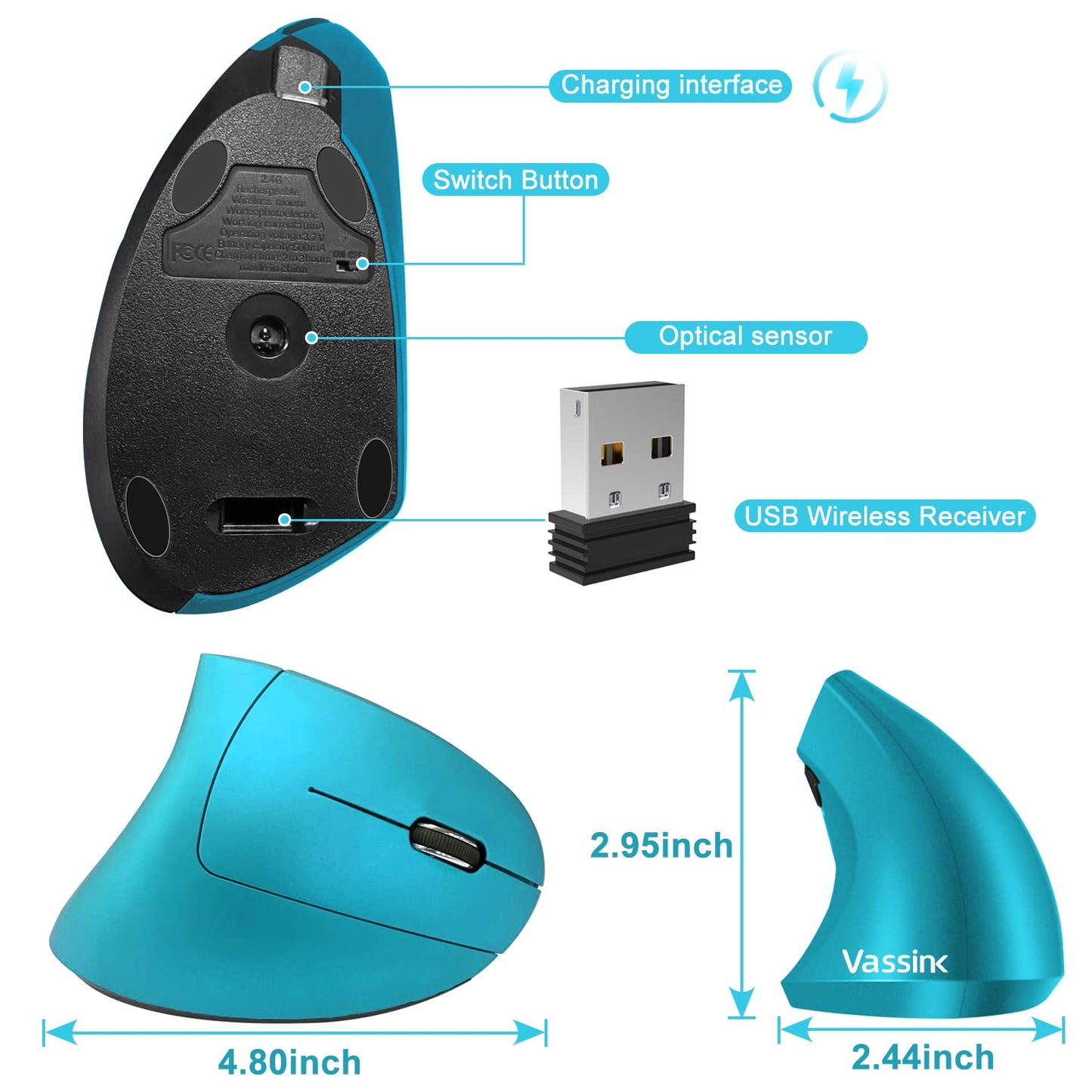 Vassink Ergonomic Wireless Mouse, Rechargeable Mouse 2.4Hz Vertical Wireless Optical Mice with USB Receiver, 6 Buttons for PC,Laptop,etc Blue
