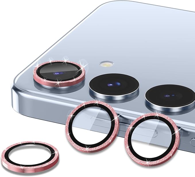for Samsung Galaxy S25 Plus Camera Lens Protector, Individual Metal Ring Tempered Glass Lens Cover, [Strong Adsorption] Scratch Resistant Ultra-Thin HD Clear Lens Cover, 1 Set-Pink Sparkly