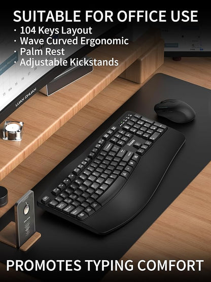 Wireless Keyboard and Mouse Combo,2.4G Full Size Wave Keys Ergonomic Keyboard with Wrist Rest for Natural Typing, 3 DPI Adjustable Ergonomic Silent Mouse for Computer/Laptop/Windows/Mac (Black)