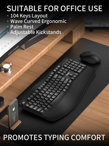 Wireless Keyboard and Mouse Combo,2.4G Full Size Wave Keys Ergonomic Keyboard with Wrist Rest for Natural Typing, 3 DPI Adjustable Ergonomic Silent Mouse for Computer/Laptop/Windows/Mac (Black)
