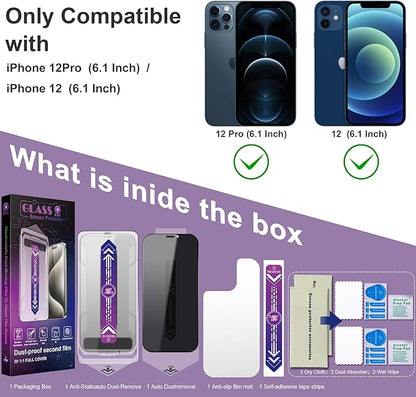 2 Pack Privacy Screen Protector for iPhone 12 Pro/iPhone 12, 9H Tempered Glass, Full Coverage, Anti-Fingerprint, Auto Dust-Elimination, No Bubble, Easy Installation