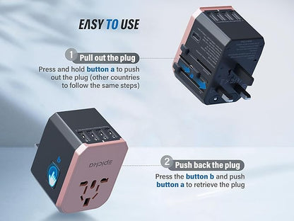EPICKA Universal Travel Adapter, European Travel Plug Adapter - International Power Adapter Worldwide Charger with USB-C & 4 USB-A Ports, Travel Essentials for Italy, UK, Japan (TA-105, Rose Gold)