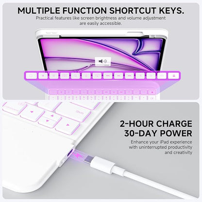 ONLY fit for 2024 M4 iPad Pro 11 inch Case with Keyboard Detachable Magic Keyboard Trackpad, 360 Rotating Cover with Pencil Holder Multi Angle Stand, 12 Shortcut Key, 7 Color Backlit, White