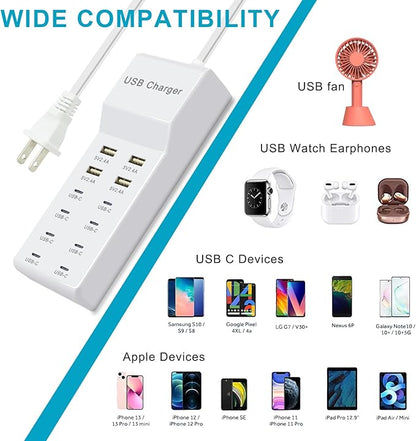 USB C Power Strip USB Charging Station 4 USB-A Ports and 8 USB-C Ports Multiple USB Charging Block with Auto-Detect Technology Compatible with Smart iPhone Tablet Laptop Multiple Devices