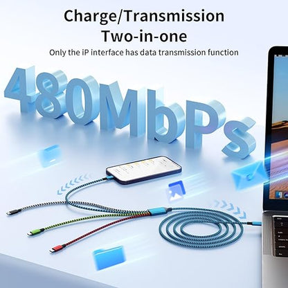 Travel Dual Type-C 4 in 1 Charging Cable, USB C Multi Charging Cable Multi Charging Cable for Multiple Devices, Phone Charging Cable Adapter 2 USB-C/IP/Micro Port for Phones Tablets Galaxy PS & More