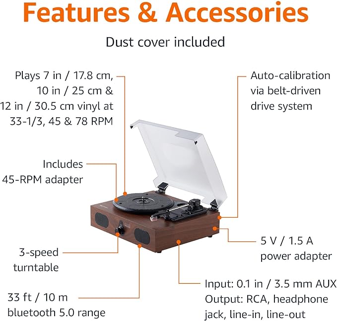 Amazon Basics Desktop Vinyl Record Player Turntable with Bluetooth Playback, Built-in Speakers, 3-Speed, Wireless Playback, Black