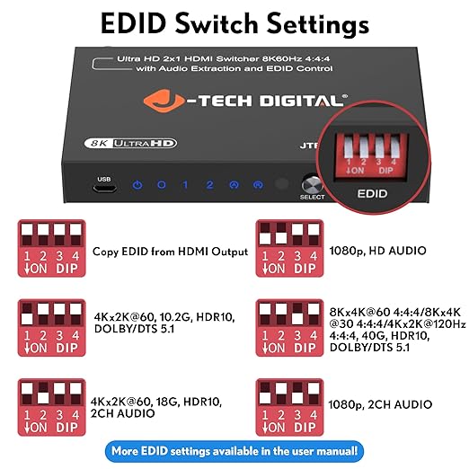 8K HDMI Switch 2 in 1 Out, 8K@60Hz 4K@120Hz 1080P@240Hz with Audio Extraction, HDMI to Optical & Analog 3.5mm, HDR HDCP2.3 EDID Control (JTECH-8KSW21AE)