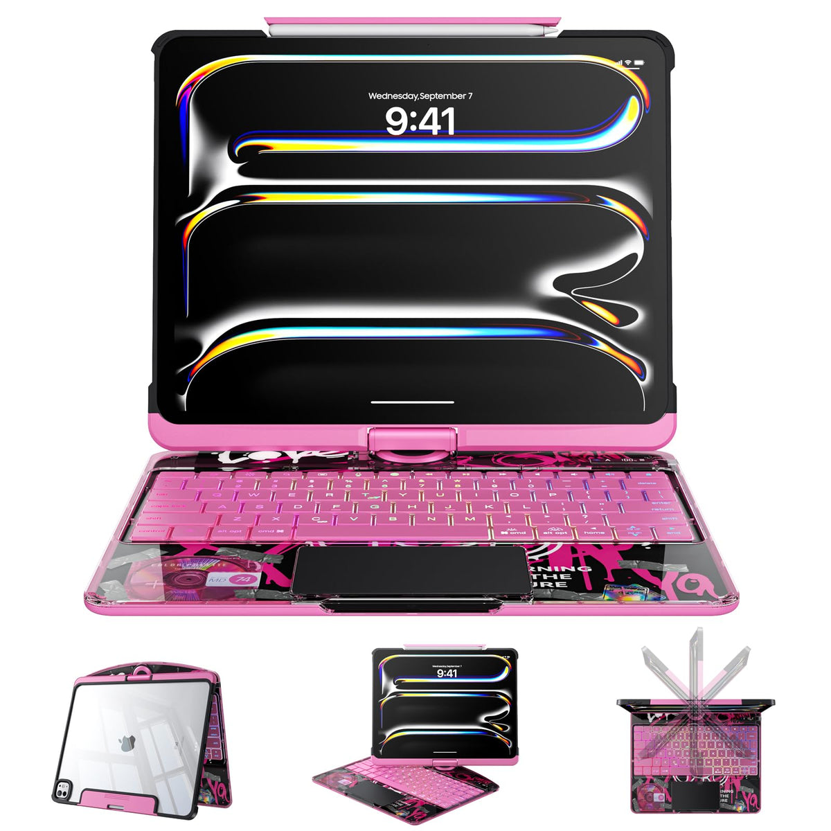 Tiaota Transparent Case Keyboard for iPad 11th Gen 11 inch (A16, 2025) & 2022 iPad 10th Gen 10.9 in,7-Color Backlit,Wireless Keyboard, 360°Rotating,Multi-Touch trackpad, Pencil Slot,Shortcuts,Black