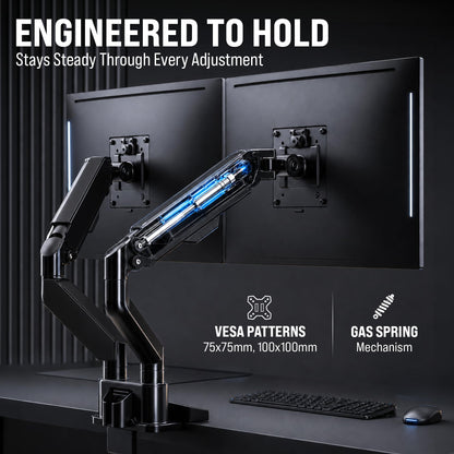 EVEO Premium Dual Monitor Mount 14"-32” Dual Monitor Arm VESA Bracket Adjustable Height Gas Spring Dual Monitor Stand, Screen Full Motion Dual Monitor Arm-Computer Monitor Stand for 2 Screens - Black