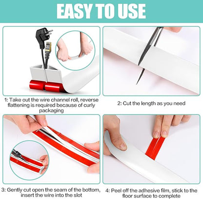 Floor Cord Cover Cavity 0.8"x0.37" Self Adhesive Cord Hider, 10FT Low Profile Cable Management, Extension Strip Protector for Wires, Prevent Cable Trips for Offices, Gyms, Exhibitions（White）