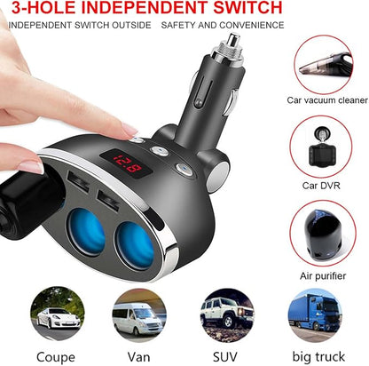 Car Charger,120W 3-Socket Cigarette Lighter Power Adapter DC Splitter 3.1A Dual USB Car Charger 12/24V with LED Voltage Display for Smartphone