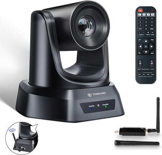TONGVEO Wireless AI PTZ 20X Zoom Camera with Auto-Tracking: Built-in 5.8GHz Receiver for Cable-Free Setup, 1080P 60fps Conference Camera for Church Services, Online Classes & Hybrid Meetings