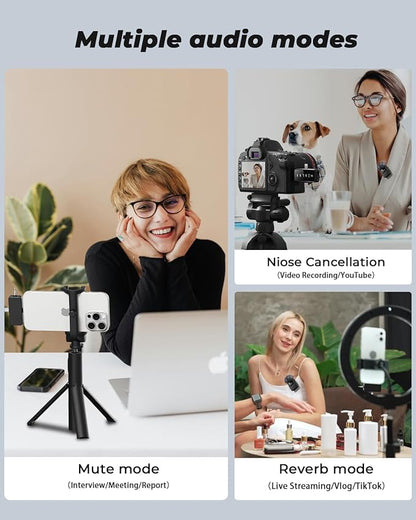 3-in-1 Mini Microphone for iPhone, Android, Camera - 328ft Long Range, 20H Battery Life, Wireless Microphones, Lapel Mic with AI Noise Reduction for Video Recording, YouTube, TikTok