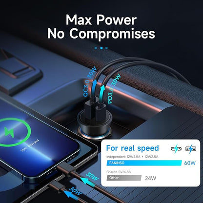 60W Car Charger USB C Fast Charge, Aluminum Dual Port Cigarette Lighter Adapter, Car Phone Charger for iPhone 16/15/14 Pro Max Plus, iPad, Samsung Galaxy S24/S23/S22 & More