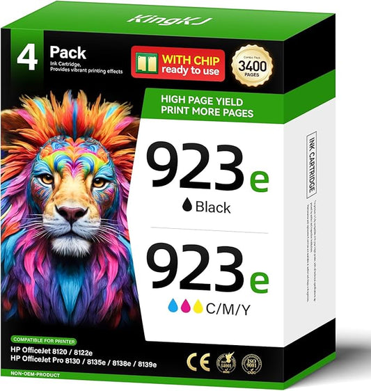 KingKJ 923e Ink Cartridge with Chip 4-Pack Replacement for HP 923 923e Ink Compatible with HP OfficeJet 8122e OfficeJet Pro 8135e 8138e 8139e 8120 8130 Printers 923XL 4K0T7LN 4K0T4LN 4K0T5LN 4K0T6LN