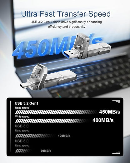 128GB USB C Flash Drive Up to 450MB/s USB 3.2 Solid State Thumb Drive 2-in-1 Dual Flash Drive Data Storage Memory Stick Compatible with Smartphone Tablet Computer Game Console