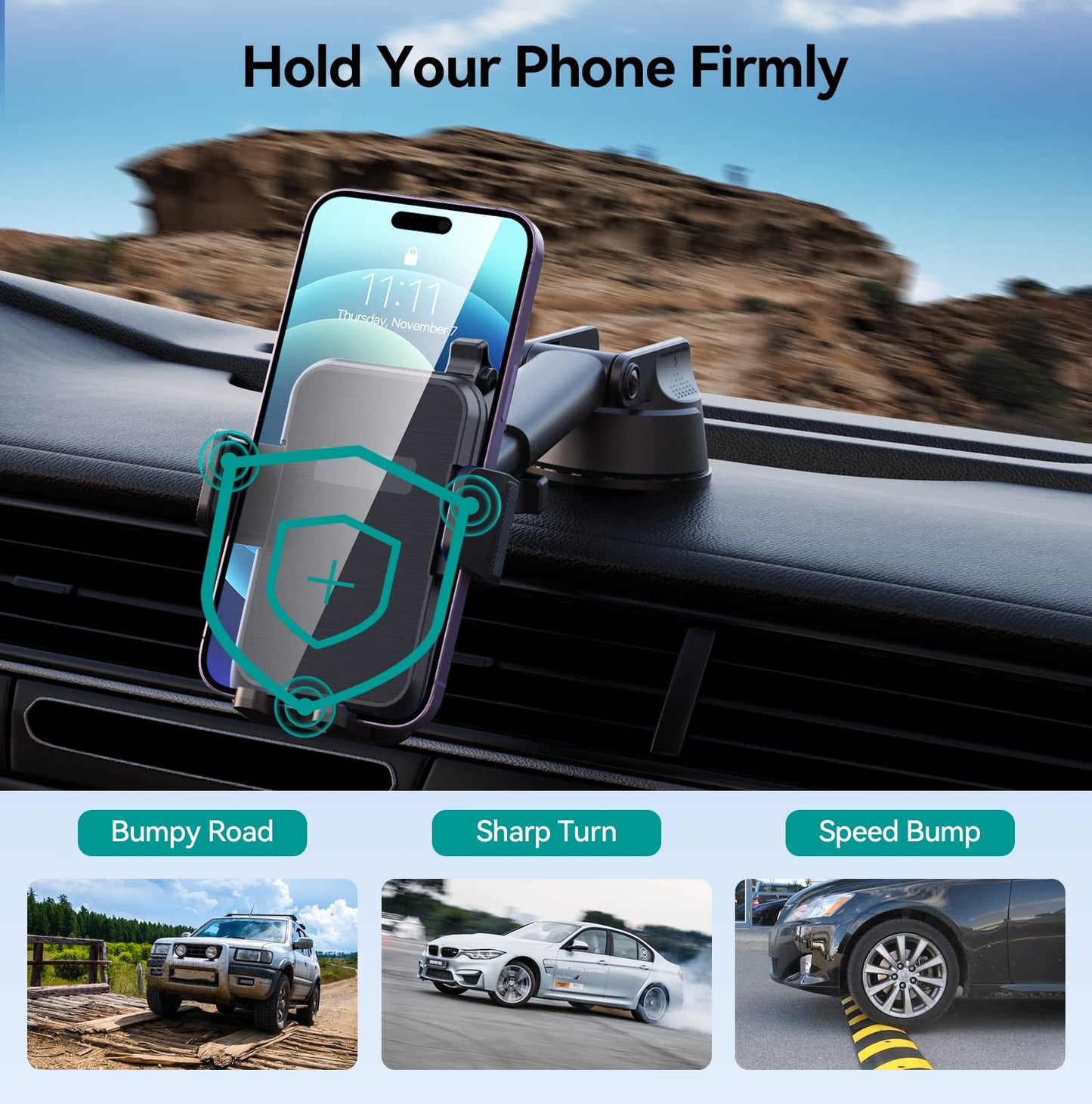 DOLYOFG Car Phone Holder Mount, [Military-Grade Suction & Super Sturdy Base] 3 in 1 Universal Phone Mount for Car Dashboard Windshield Air Vent Dash Pad Car Mount for iPhone Android Smartphone