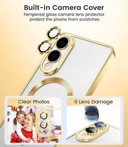 Slim Thin for Samsung Galaxy S25 Edge Case, Compatible with MagSafe, Built-in Camera Lens Protector, Shockproof Protective Phone Case, Soft Electroplated Clear Cover, Gold