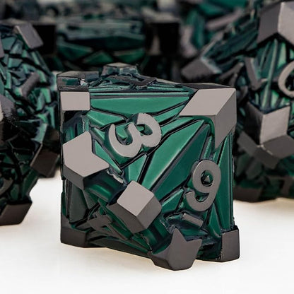 7PCS Metal DND Dice Set with Box, Debris RPG Green D and D Dice for use with D&D Tabletop Games Role Playing Game Polyhedral Dice Set D20 D12 D10 D8 D6 D4