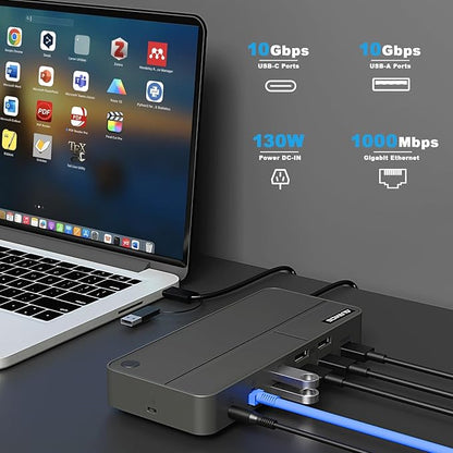 DisplayLink Docking Station 3 Monitors with 130W Power Supply,15 in 1 USB C Triple 4K Display Dock for M1 M2 M3 M4 Thunderbolt MacBook Pro/Air and USB-C/A Port Windows Laptops (3 HDMI, 2 DP)