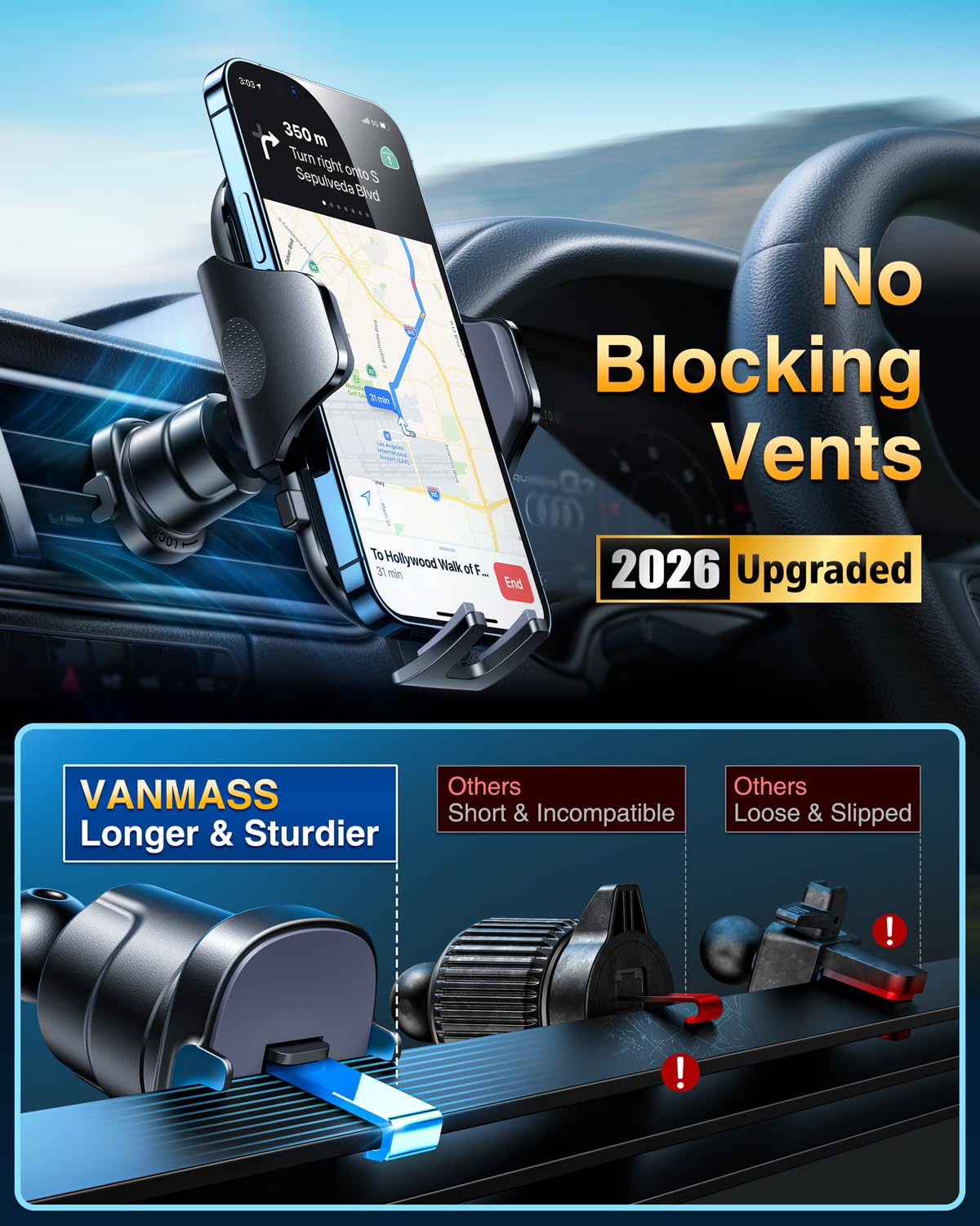 [True Military-Grade] Car Phone Holder VANMASS [Upgraded Strongest Suction&Clip] Cell Phone Mount for Dashboard Windshield Vent Kit, Truck Cradle Stand for iPhone 17 Pro Max 16 15 14 Android,Ink Black