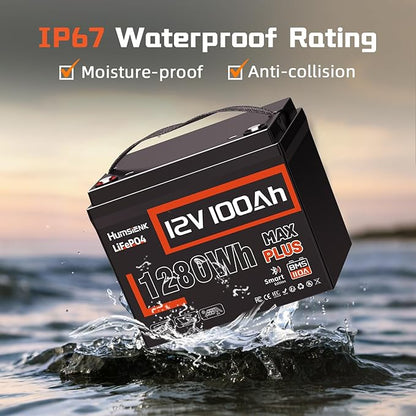 4 PCS 12V 100Ah LiFePO4 Lithium Battery MAX PLUS, Built-in 110A BMS & Bluetooth 5.0, 15000+ Deep Cycles Lithium Batteries, Max.1280Wh, 10-Year Lifespan for RV, Marine